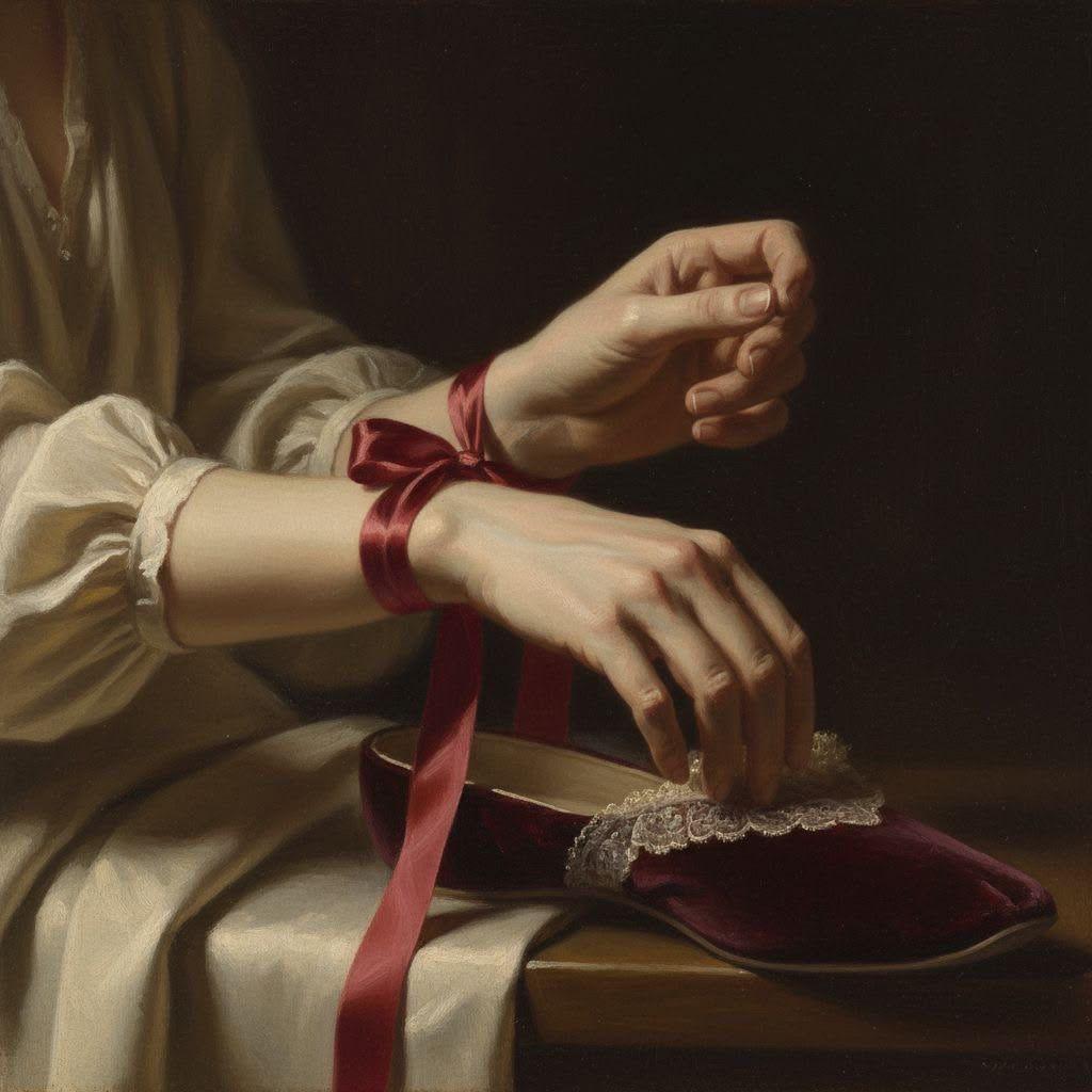 Pintura de las manos de una mujer atadas con una cinta de terciopelo rojo junto a un zapato de terciopelo con encaje