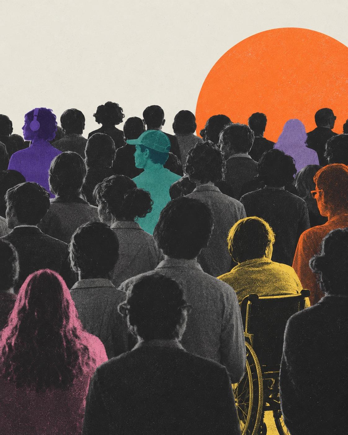 Ilustraci&oacute;n de una multitud vista de espaldas, en blanco y negro salvo unas pocas figuras resaltadas en color —entre ellas una persona en silla de ruedas—, frente a un gran sol naranja